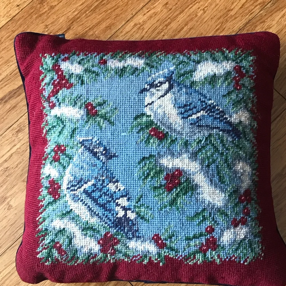 NWT Lands' End Holiday Blue Jays with Berries 12 x 12 Needlepoint Pillow
